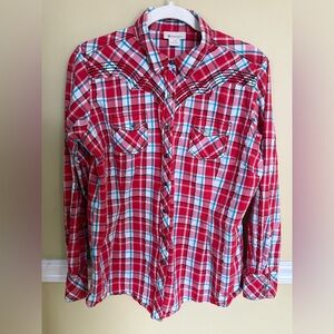 Ariat Red Plaid Western Shirt size large in good used condition